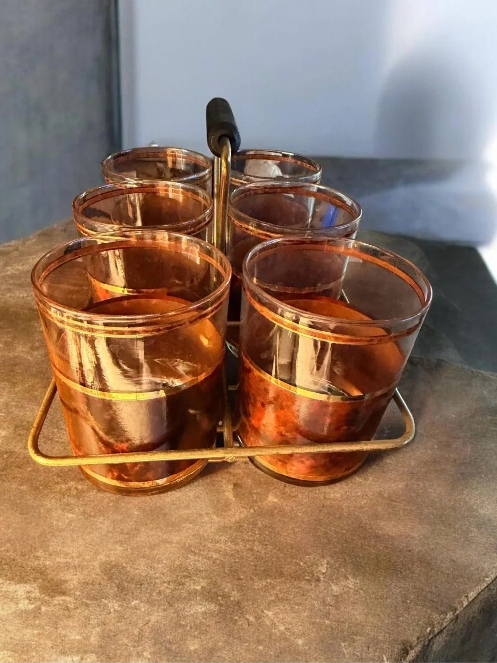 Vintage Mid-Century Culver Tortoise Shell Lowball Glasses with Brass Carrier